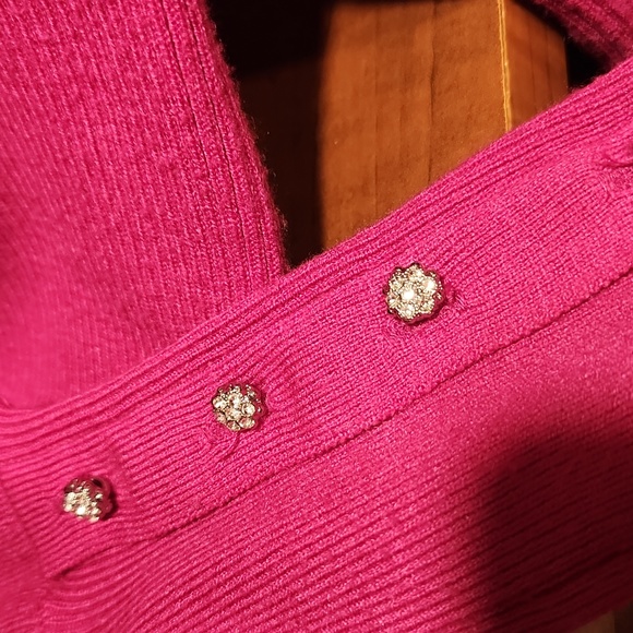 Ann Taylor Puff Sleeve Pink Scoop Neck Sweater jewel button - Picture 2 of 5